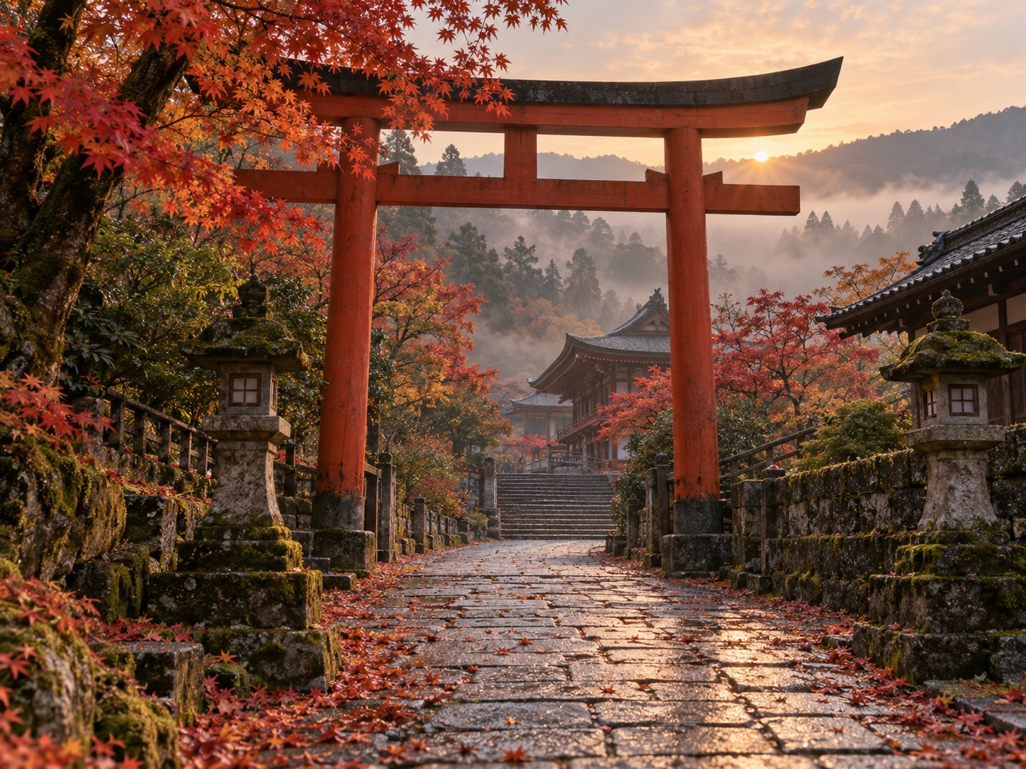 Autumn leaves framing a quiet shrine
