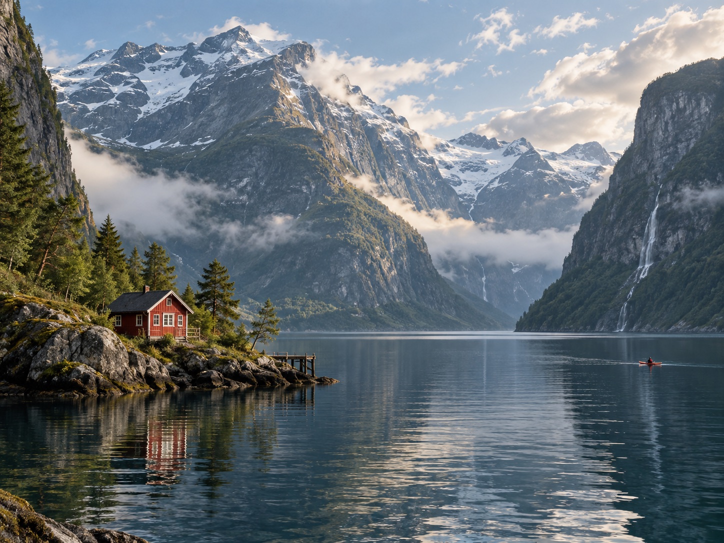 Red cabin beside still water and mountains